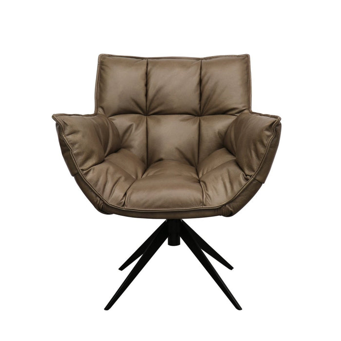 Brown armchair with a black metal base on a white background