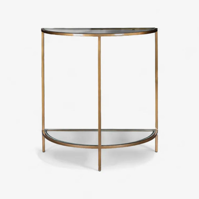 Half-moon console table with glass top and bronze metal frame on a white background