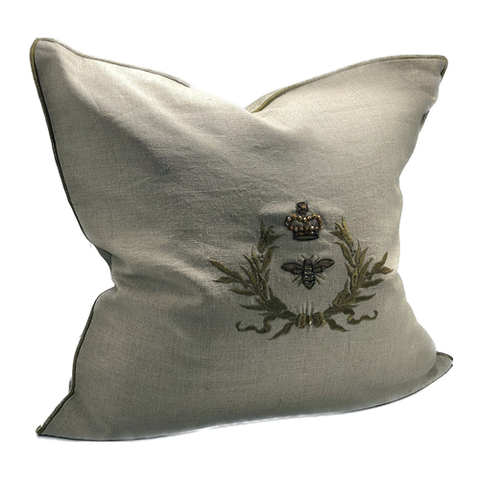 Lisbon Bee with Crest Cushion - Hand Embroidered - Green