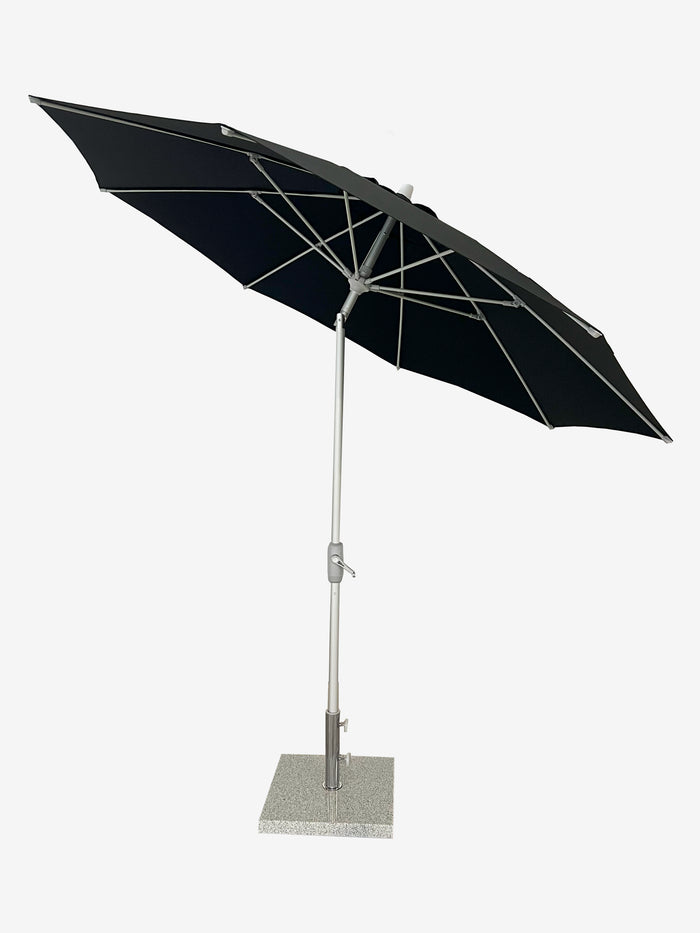 Black patio umbrella with a stand on a white background