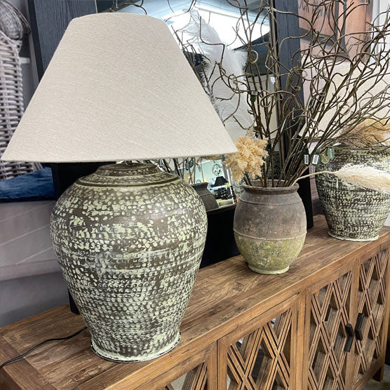 Verdigris Finish Urn Lamp + Linen Shade