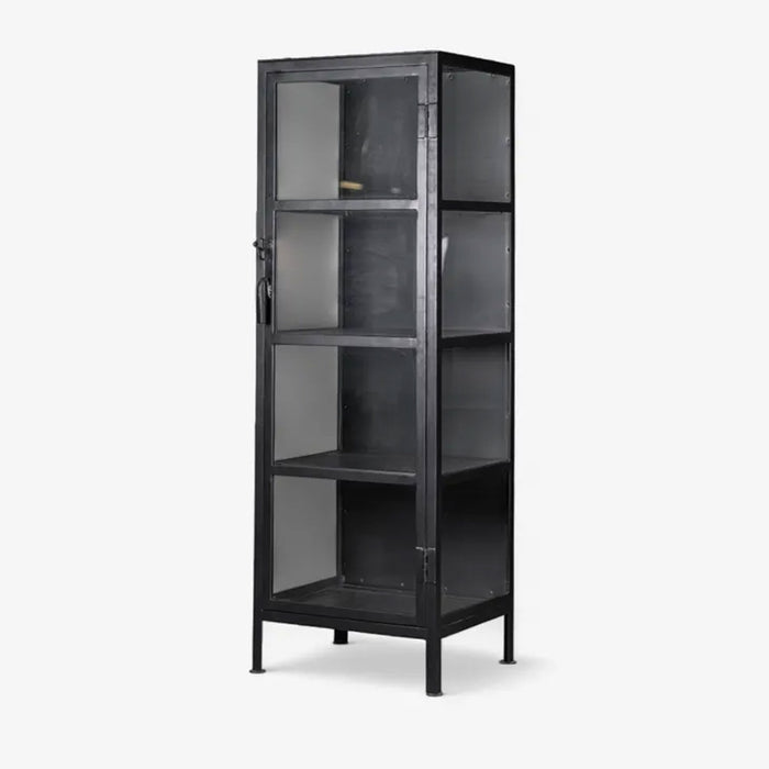 Black metal cabinet with glass doors on a white background