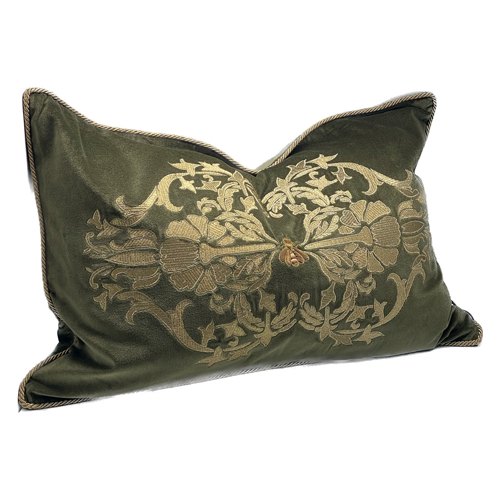 Pisa Green Gold Velvet Cushion Hand Embroidered Greenslades