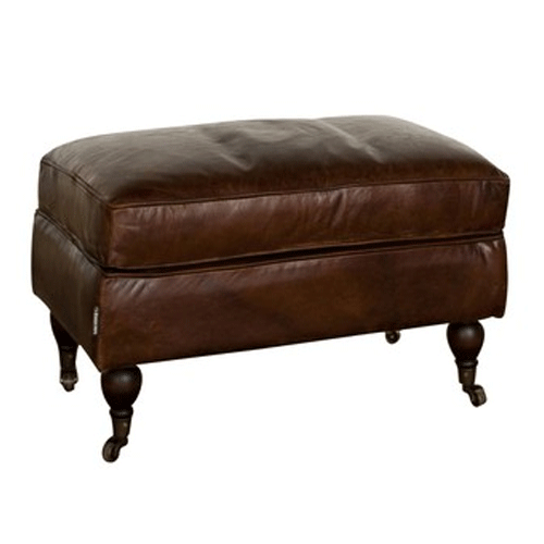 Aged Brown Leather Ottoman Footstool with Castors Greenslades Furniture