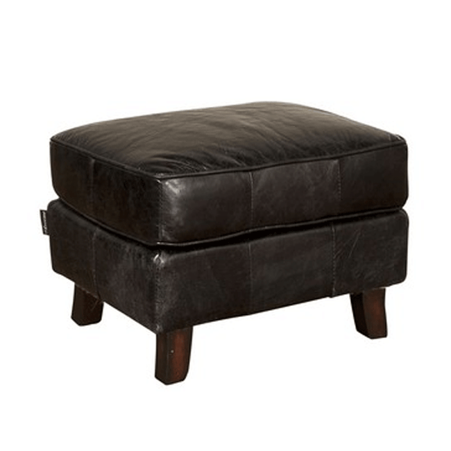 Aged Black Leather Ottoman Footstool