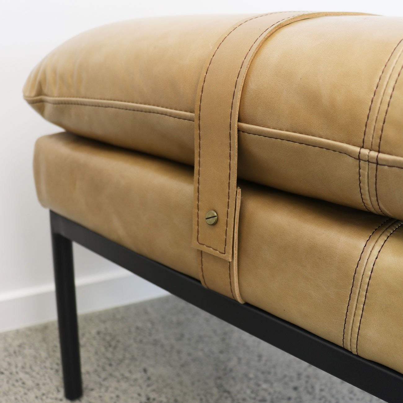 Bayley Leather Strap Ottoman Bench Tan Leather Greenslades