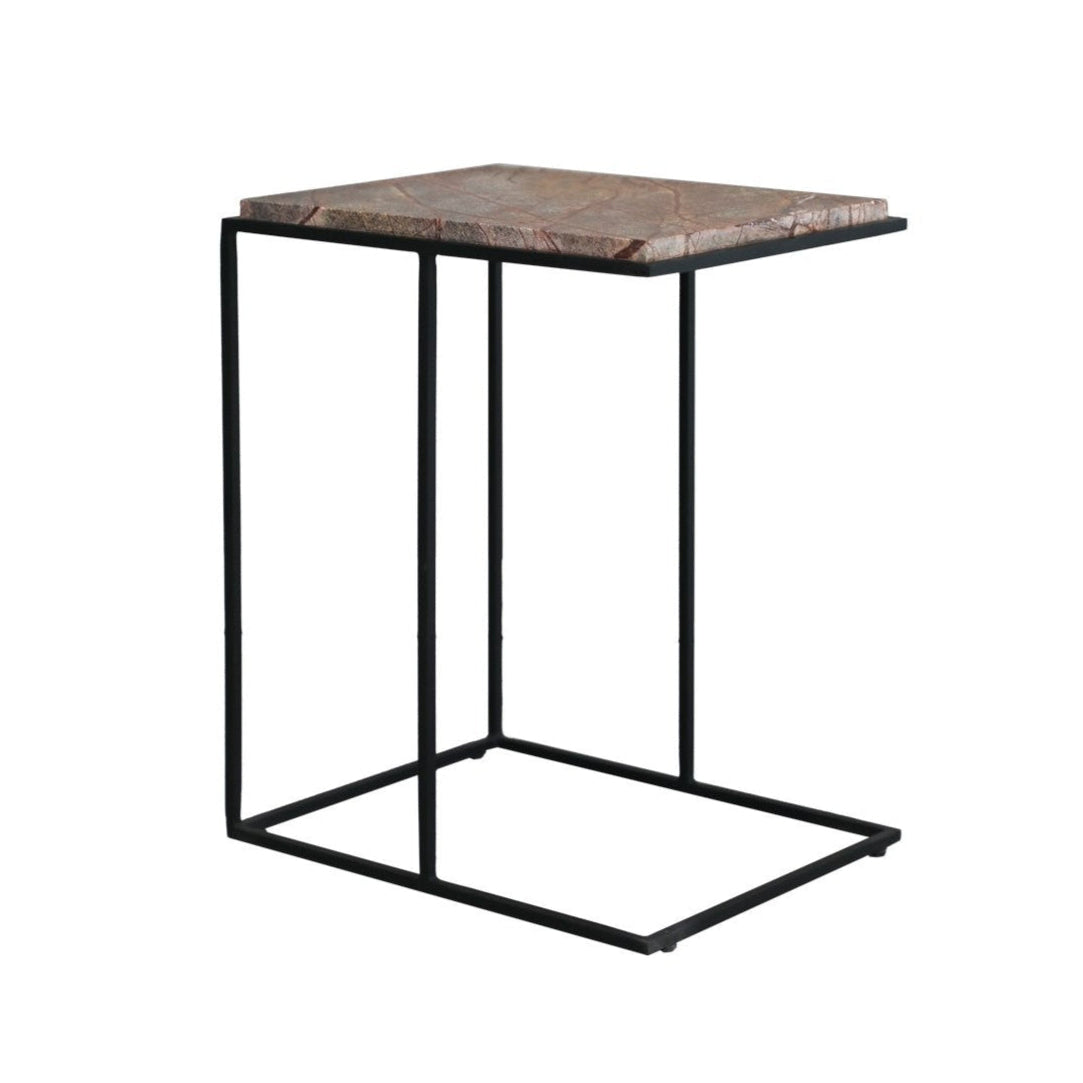 A side table with a marble top and black metal frame.