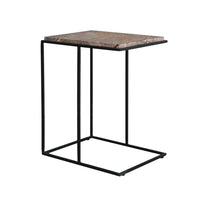 A side table with a marble top and black metal frame.