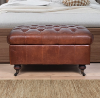 Belmont Leather Buttoned Storage Ottoman - Aged Brown