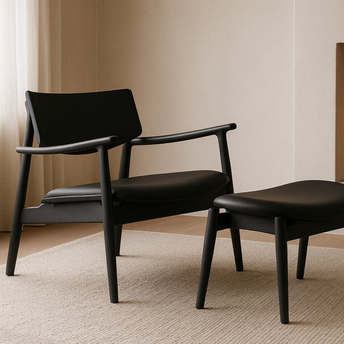Black armchair and ottoman on a beige carpet with a neutral wall background