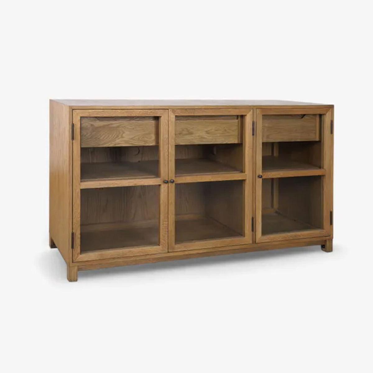 Wooden cabinet with glass doors on a white background