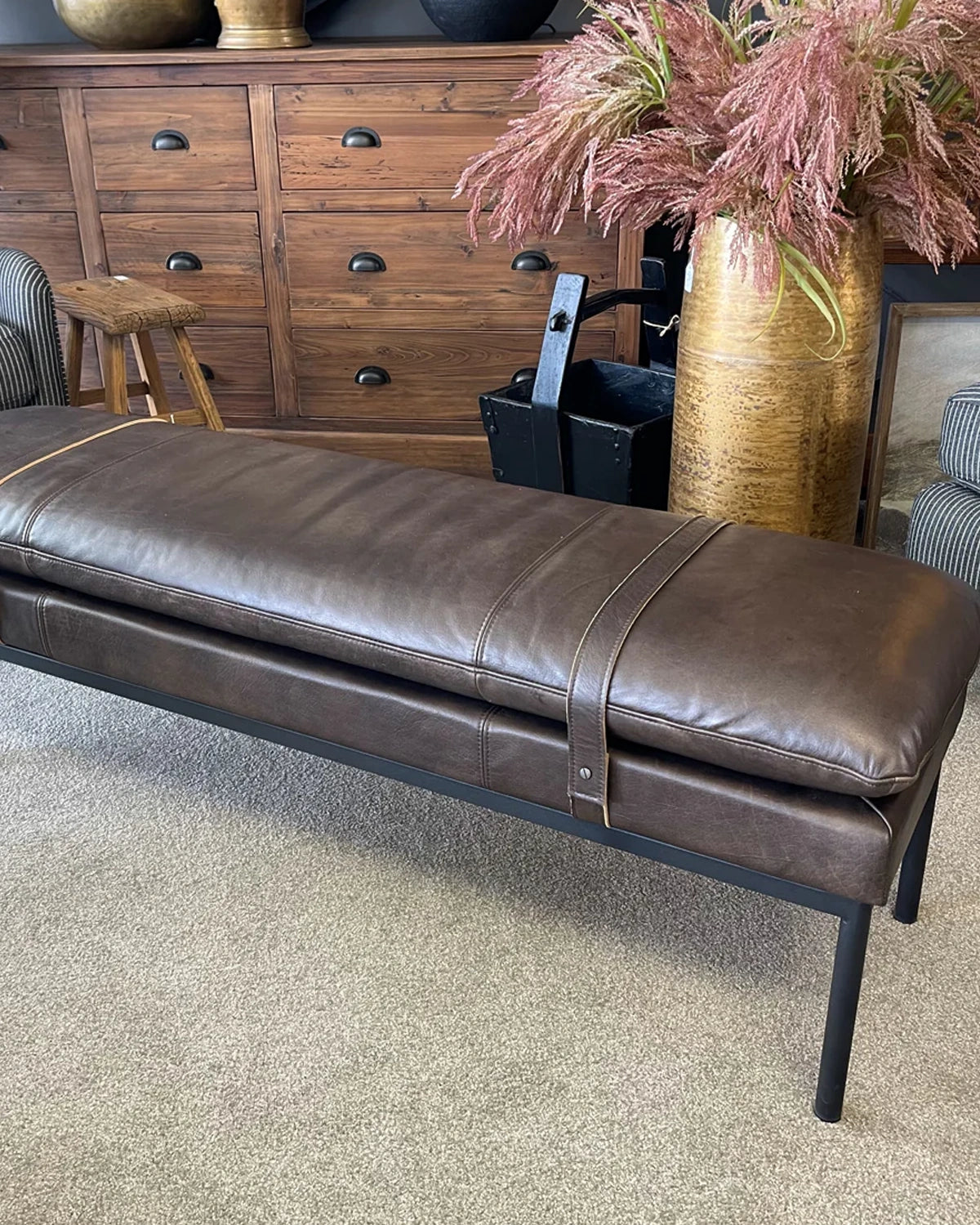 Bayley Leather Bench with Straps - Cocoa