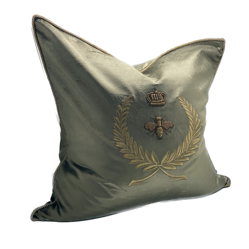 Lisbon Bee Cushion with Feather Inner - Olive - Hand-Embroidered