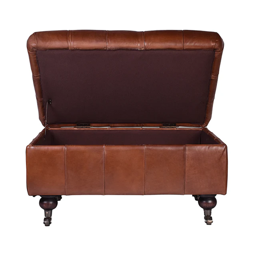Belmont Leather Buttoned Storage Ottoman - Aged Brown