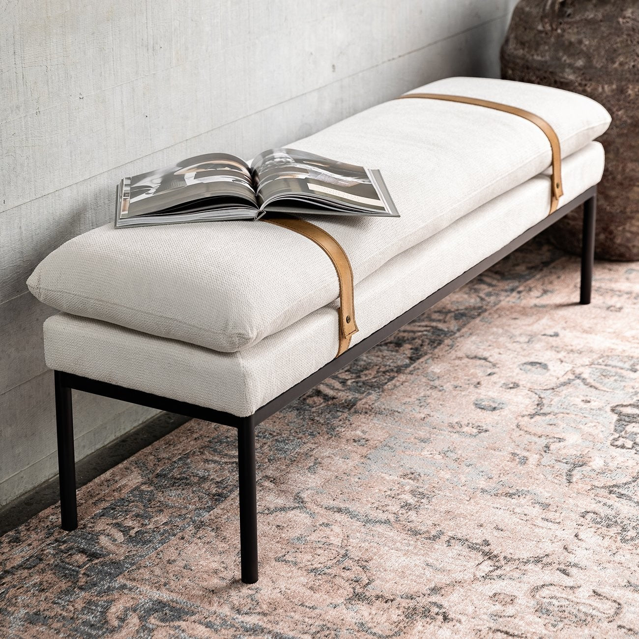 Bayley Bench with Leather Straps - Off-White