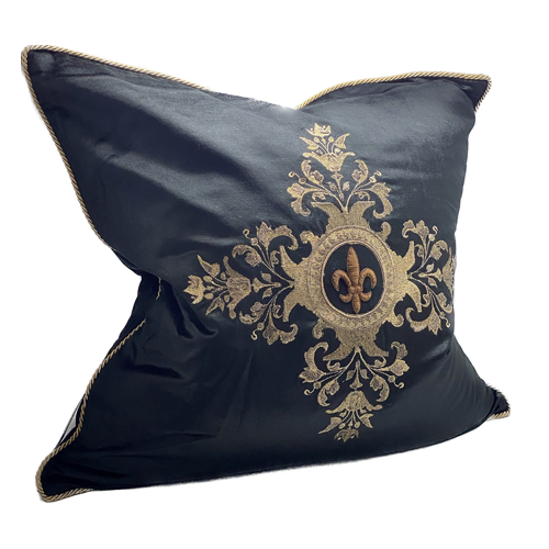 Filigree Black Velvet Bee Cushion - Hand Embroidered