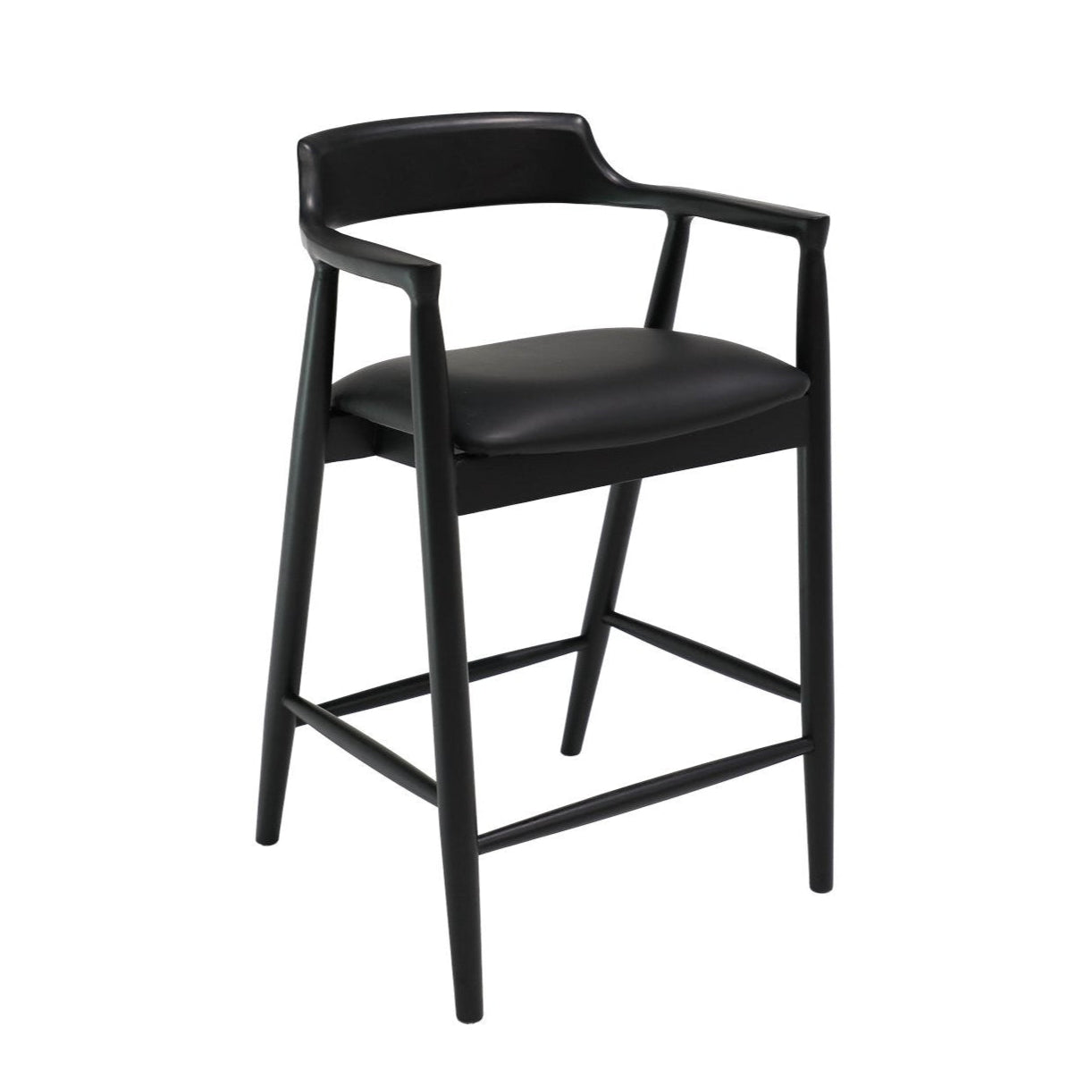 Black bar stool with cushioned seat on a white background
