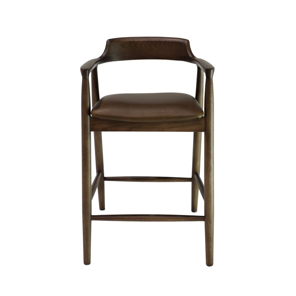 Brown bar stool with wooden frame  and leather seat on a white background