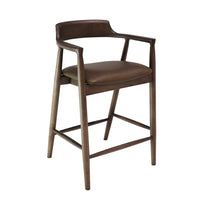 Brown bar stool with wooden frame  and leather seat on a white background