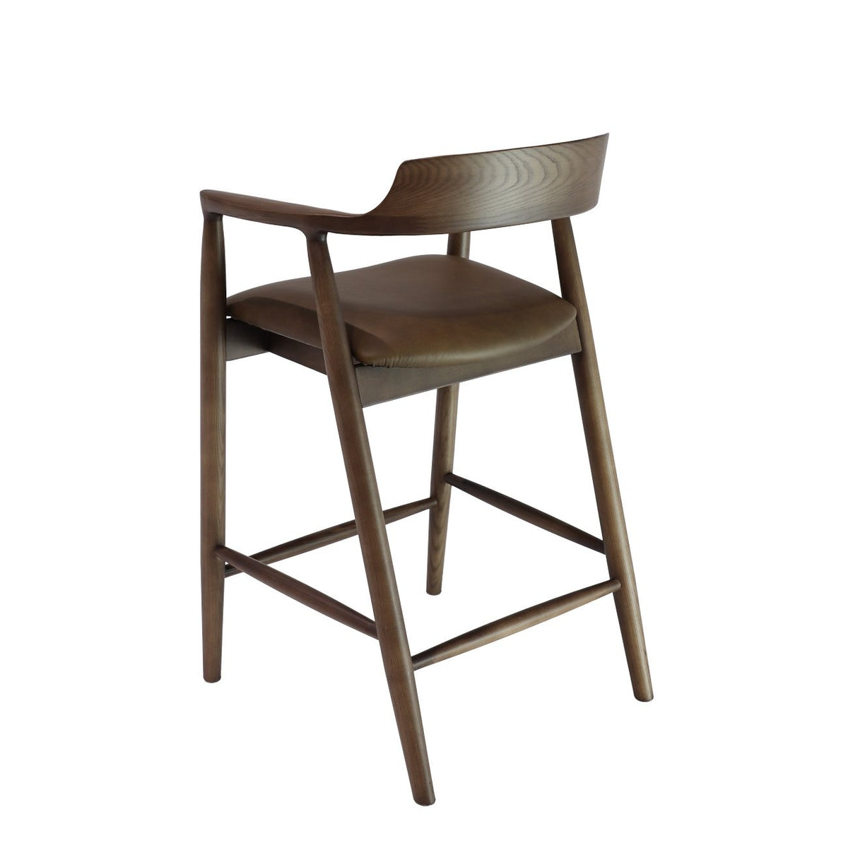 Brown bar stool with wooden frame  and leather seat on a white background
