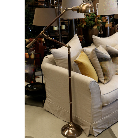 Antiqued Brass Adjustable Floor Lamp with Wooden Detail