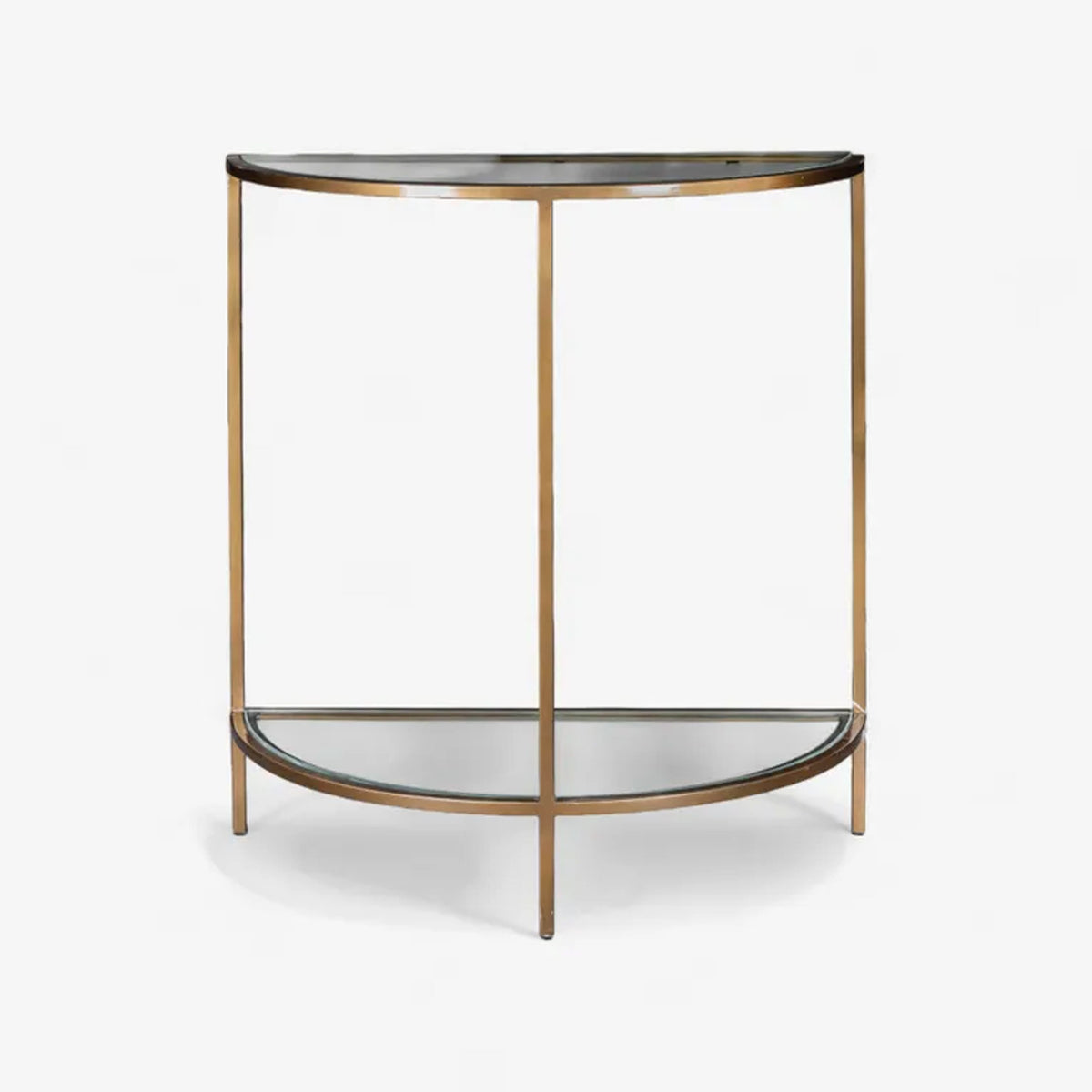 Half-moon console table with glass top and bronze metal frame on a white background