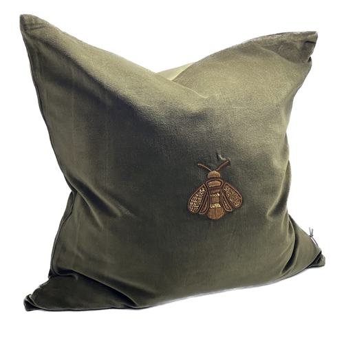 Hand Embroidered Bee Cushion - Olive