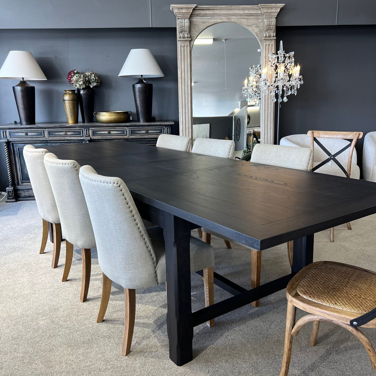 Hartley Extension Dining Table with Crossbar - 2.1m - 2.6m - 3.1m - Black