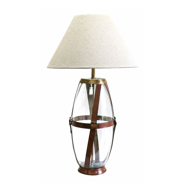 Hertfordshire Glass Lamp + Shade - Tan Leather/Brass Buckles