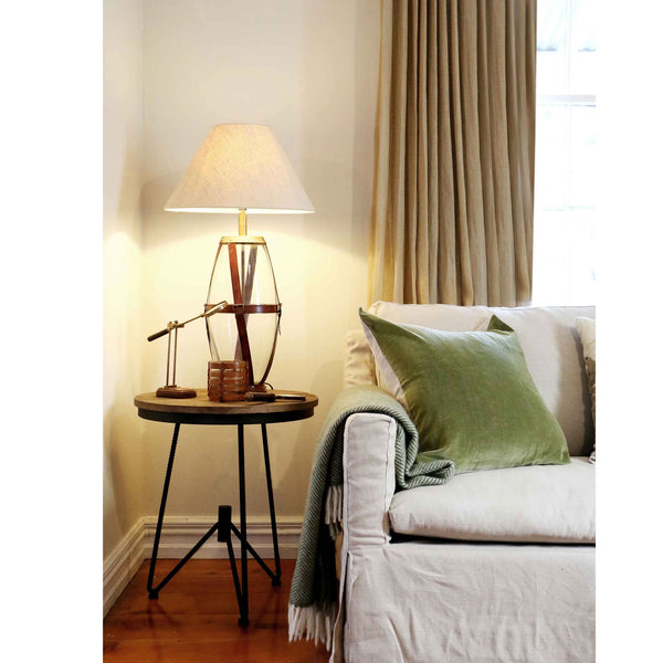 Hertfordshire Glass Lamp + Shade - Tan Leather/Brass Buckles