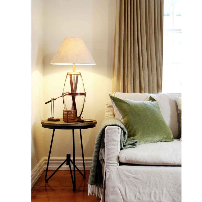 Hertfordshire Glass Lamp + Shade - Tan Leather/Brass Buckles