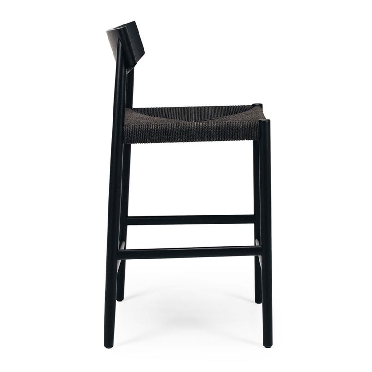 Black bar stool with woven seat on a white background