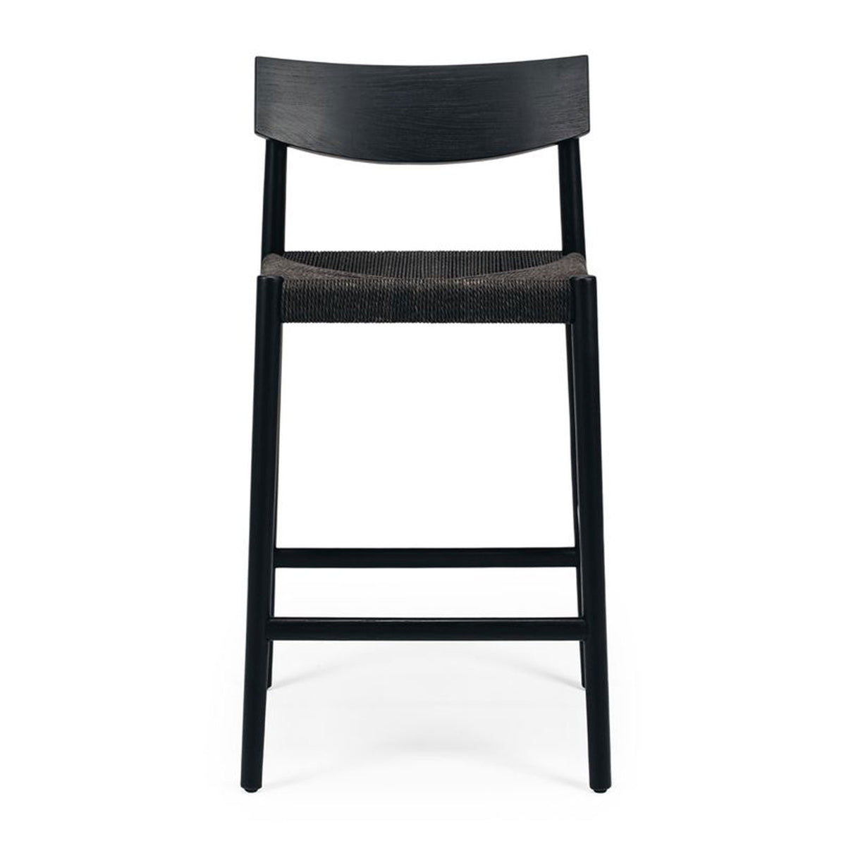 Black bar stool with woven seat on a white background