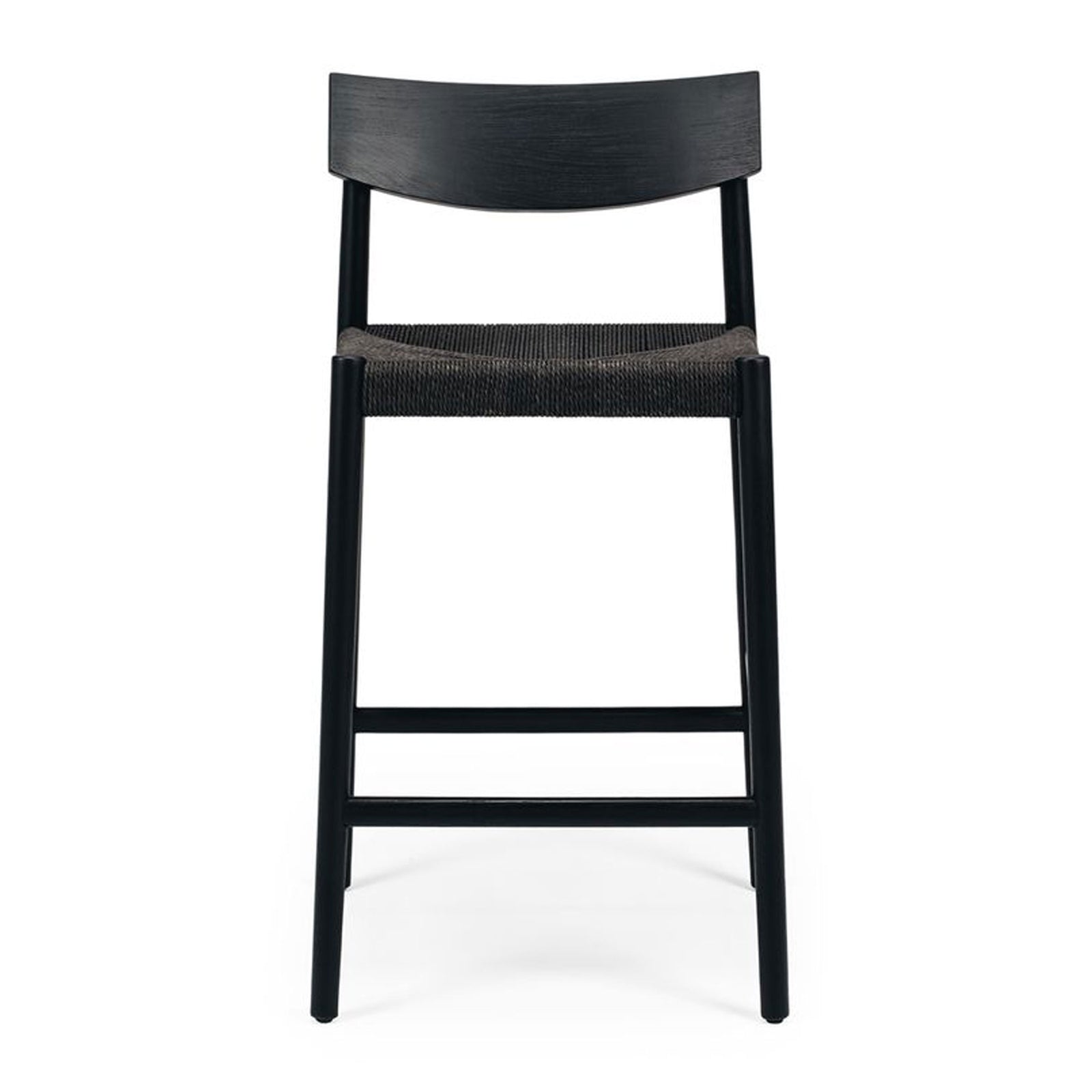 Black bar stool with woven seat on a white background