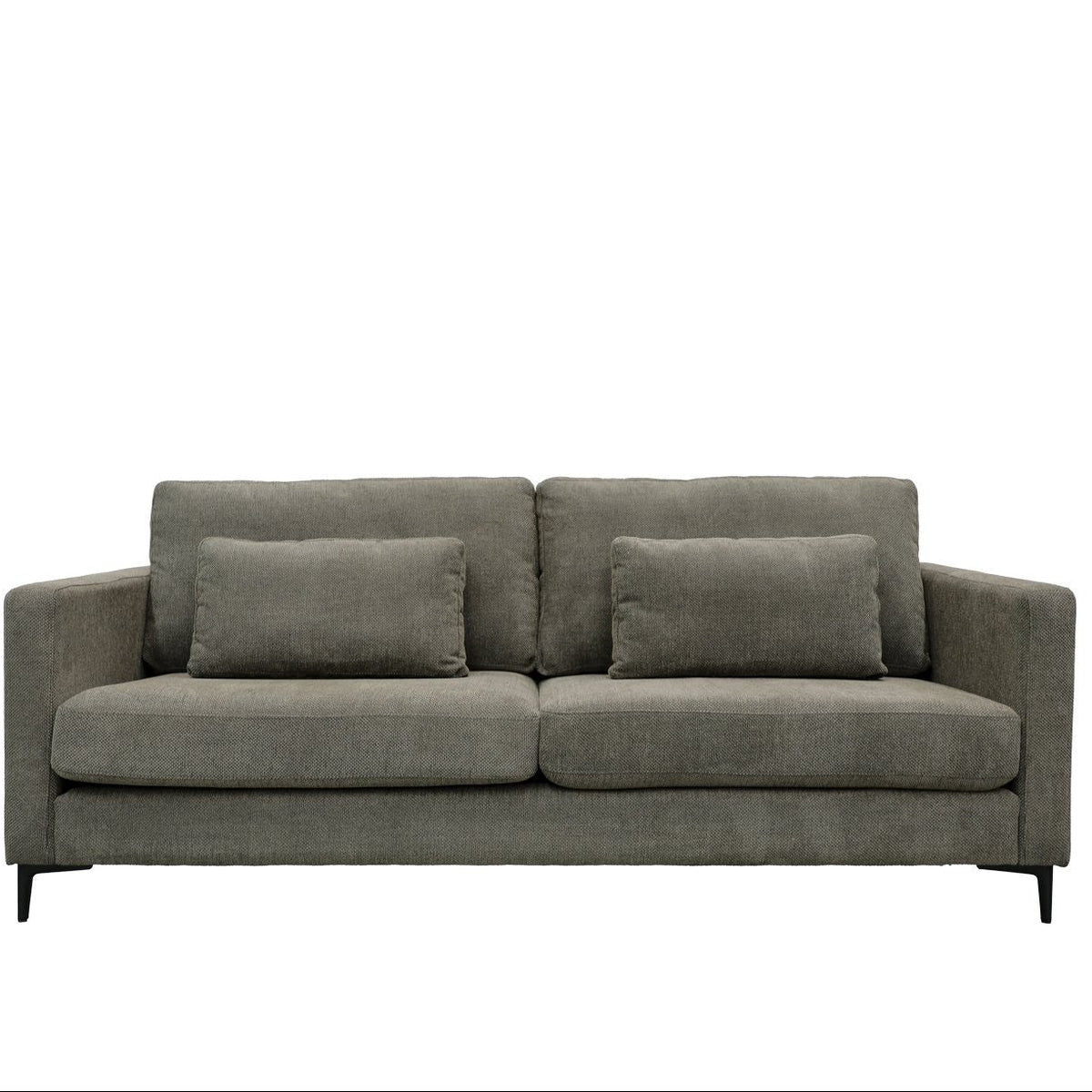 Gray sofa with two cushions on a white background