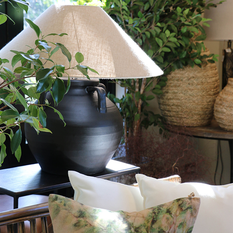 Table Lamp | White Linen Shade | Gray Glass and Metal Base 27