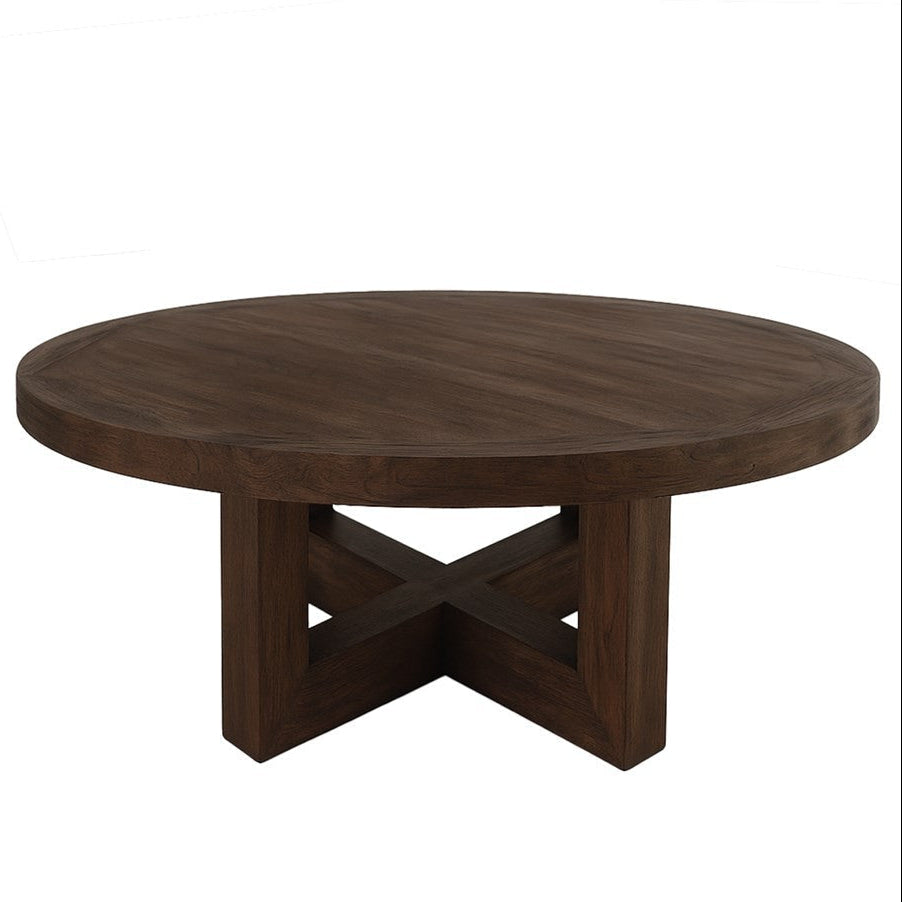 Round wooden table with a dark brown finish on a white background