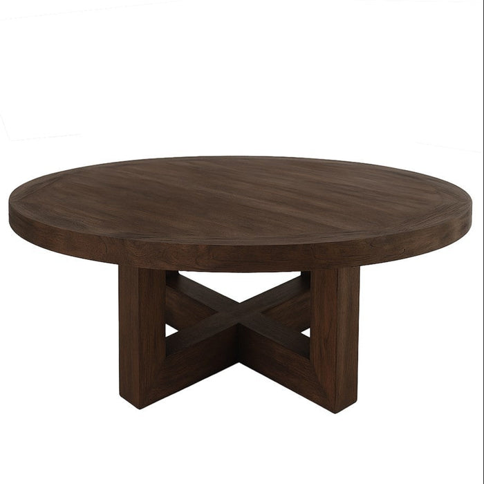 Round wooden table with a dark brown finish on a white background