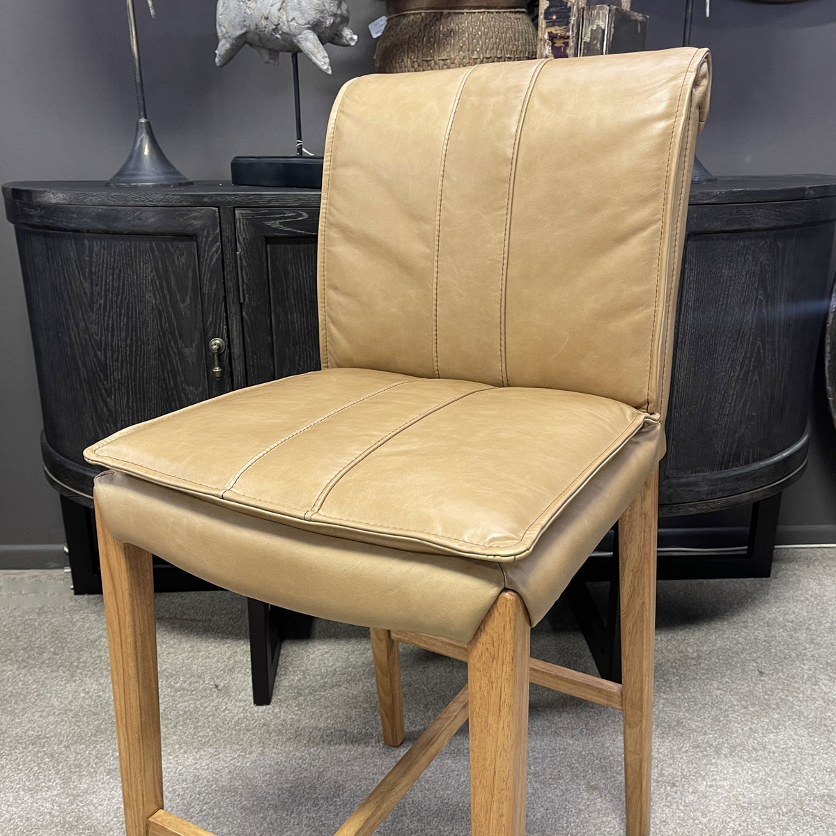 Maxson Barstool - Tan Leather - Wooden Legs