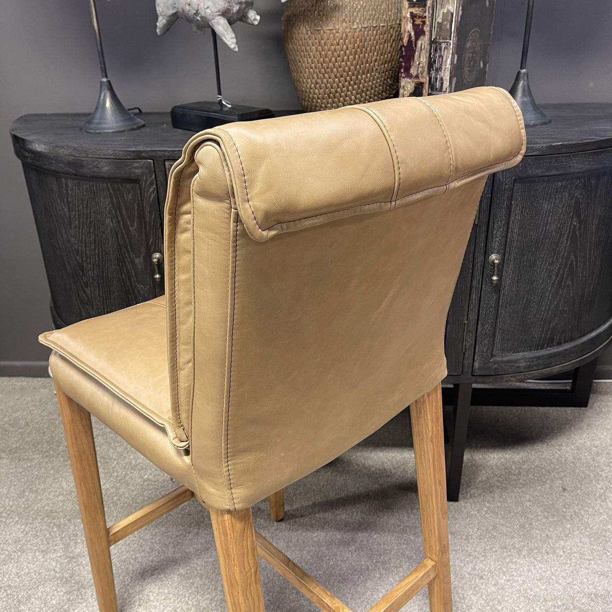 Maxson Barstool - Tan Leather - Wooden Legs