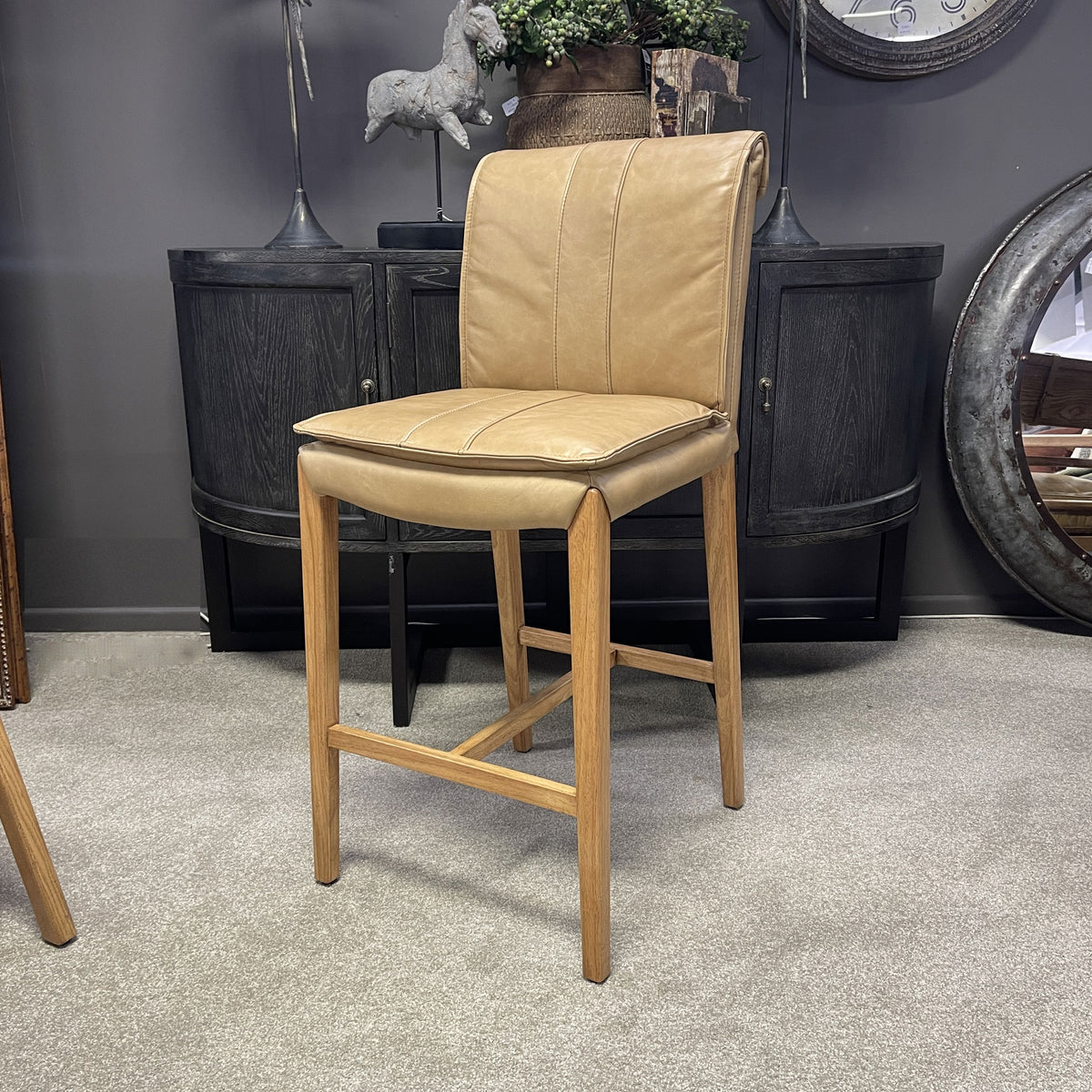 Maxson Barstool - Tan Leather - Wooden Legs