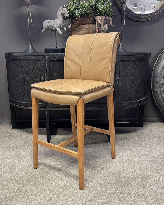 Maxson Barstool - Tan Leather - Wooden Legs
