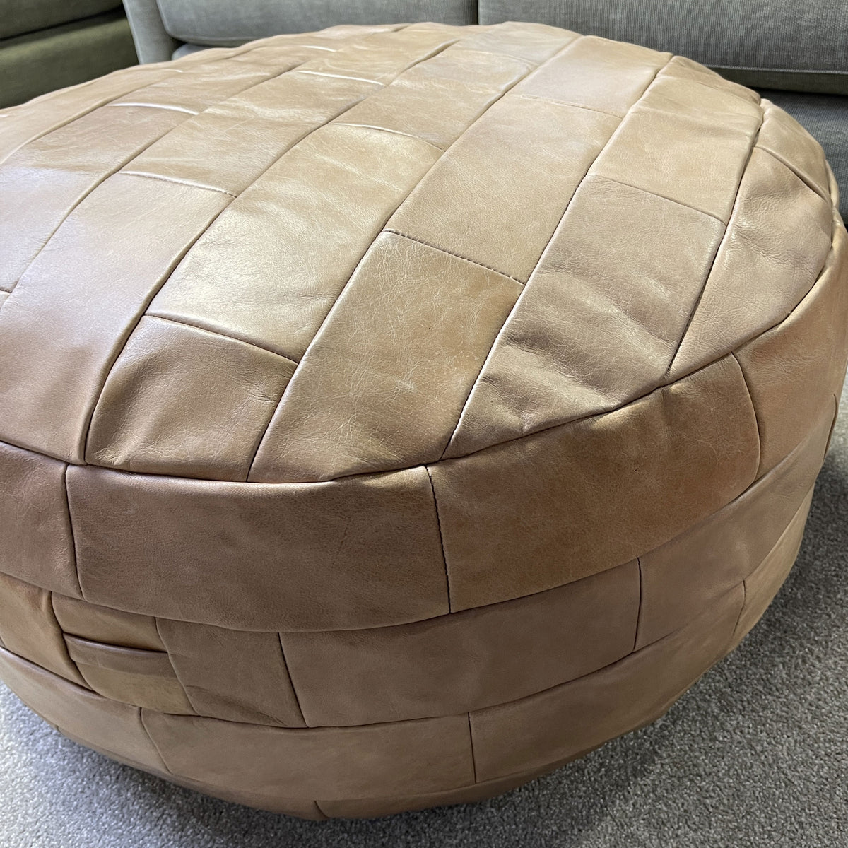 Patch Tan Round Leather Ottoman