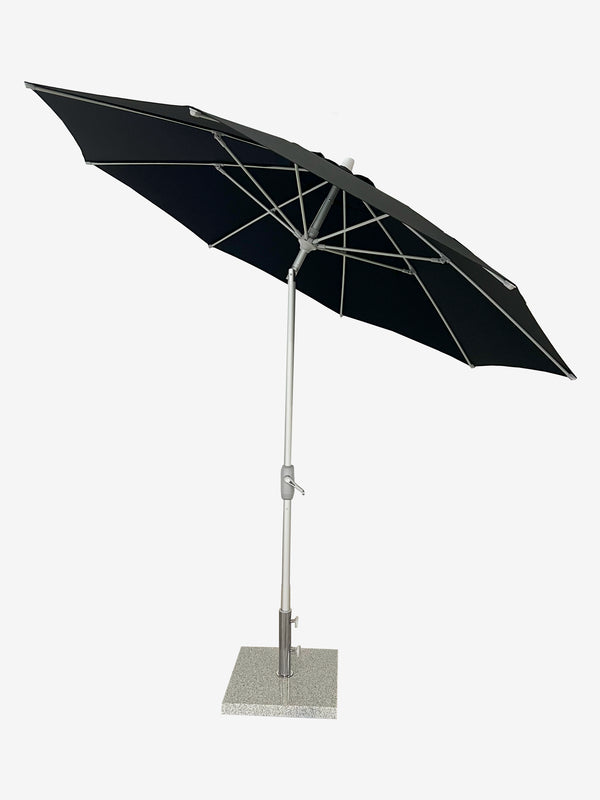 Black patio umbrella with a stand on a white background