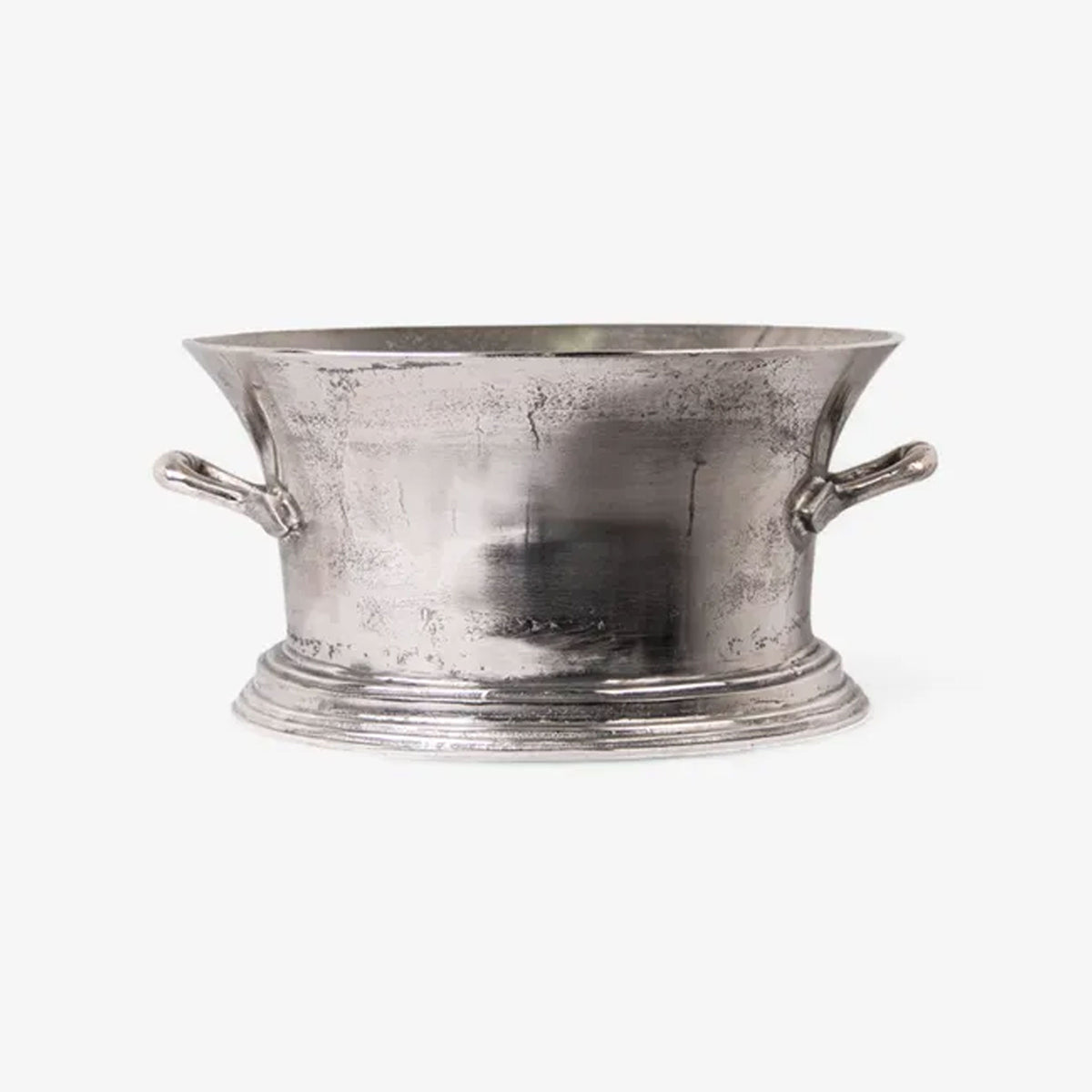 Silver metal bowl with handles on a white background