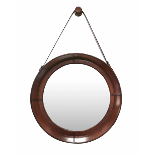 Round Brown Leather Mirror with Strap & Hook
