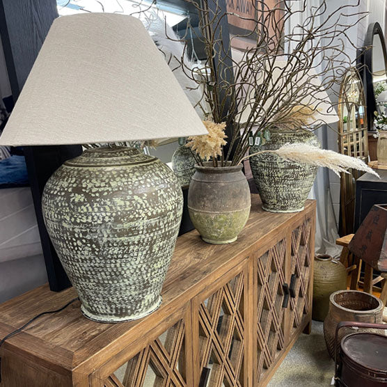 Verdigris Finish Urn Lamp + Linen Shade