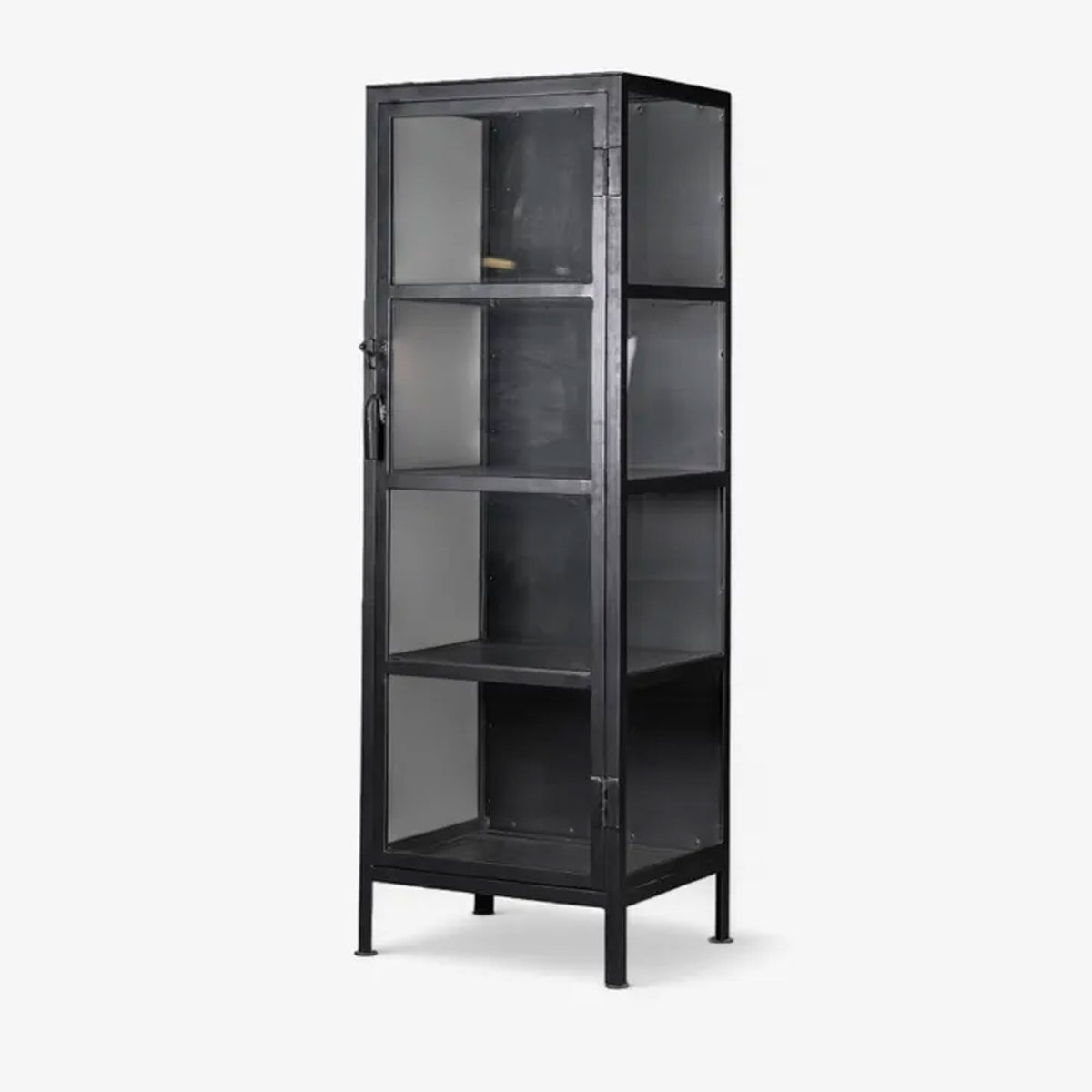 Black metal cabinet with glass doors on a white background