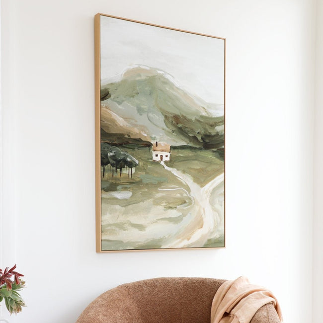 Secluded Cottage Khaki Framed Canvas