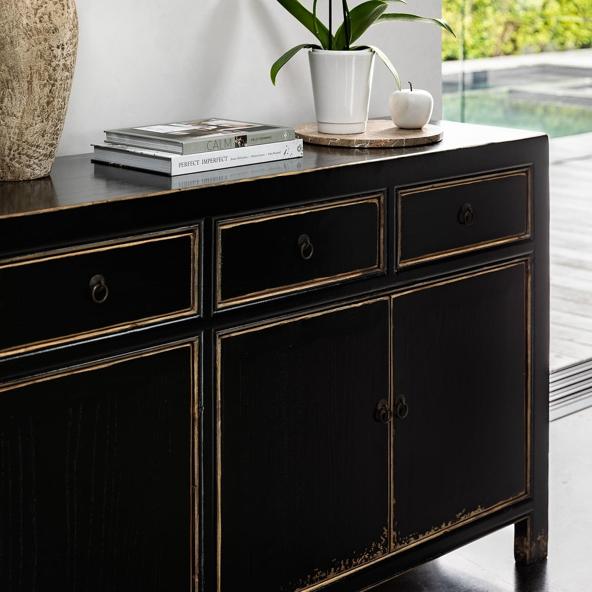 Oriental Painted 4 Door Sideboard - Vintage Black
